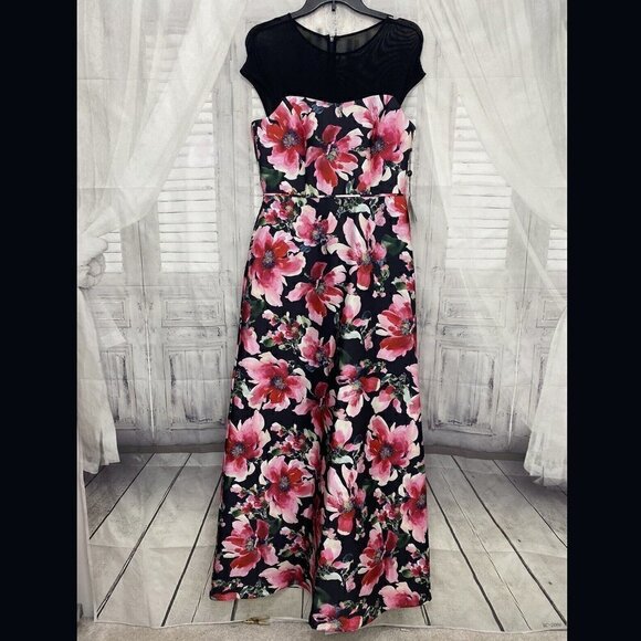 Adrianna Papell Pink Black Illusion Floral Mikado Gown Dress Formal Full Length - Picture 7 of 16